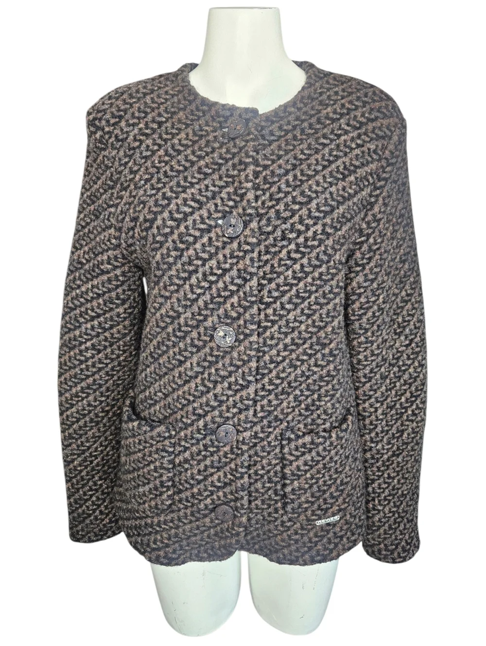 Geiger Boiled Wool Cardigan Jacket EU 44 US 12 Brown Gray Textured Knit Austrian